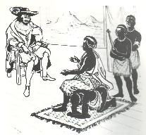 Historical engraving of Queen Nzinga seated on the back of a kneeling attendant during an audience with a Portuguese official.
